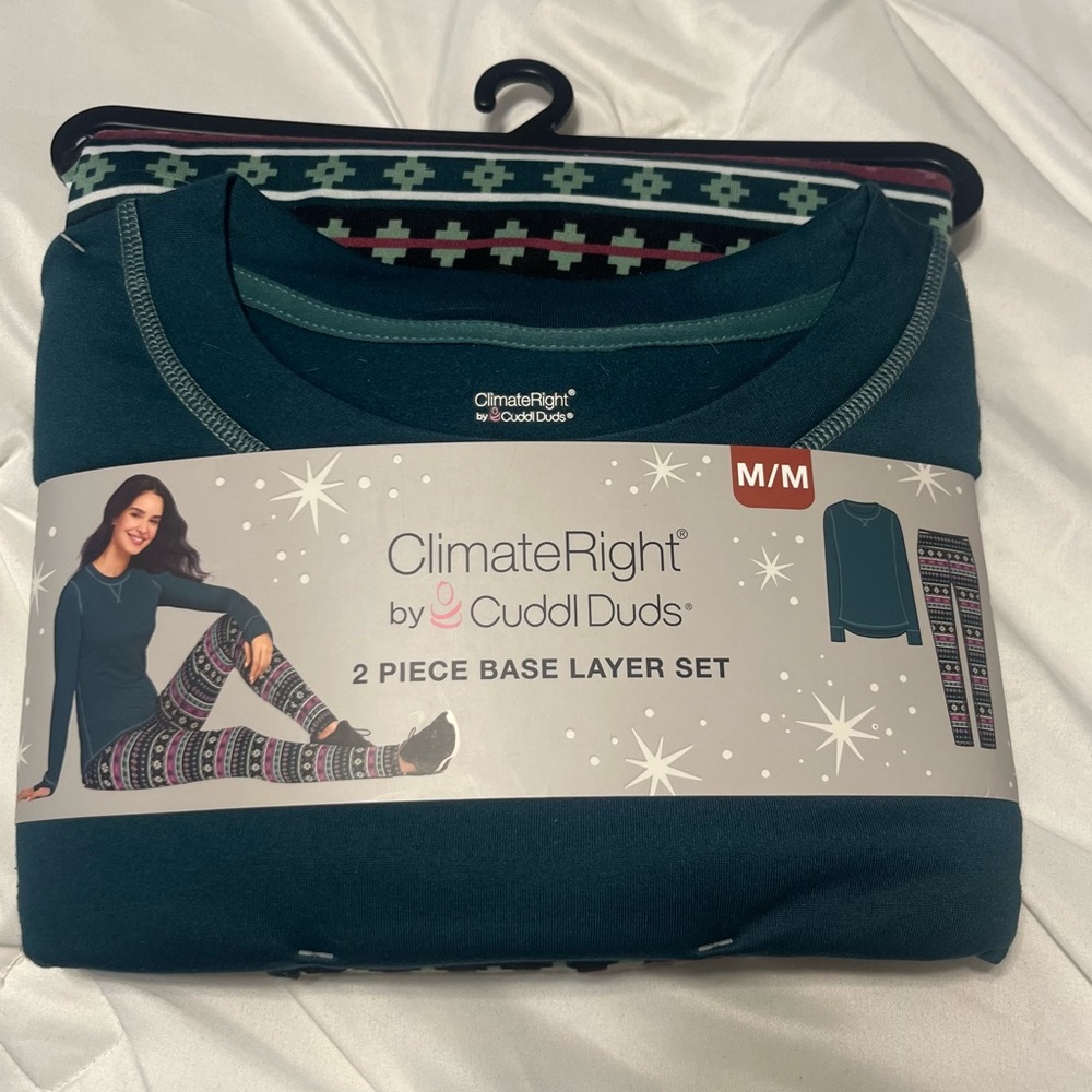 Cuddl Duds ClimateRight 2-Piece Base Layer Set in Teal with Patterned Leggings